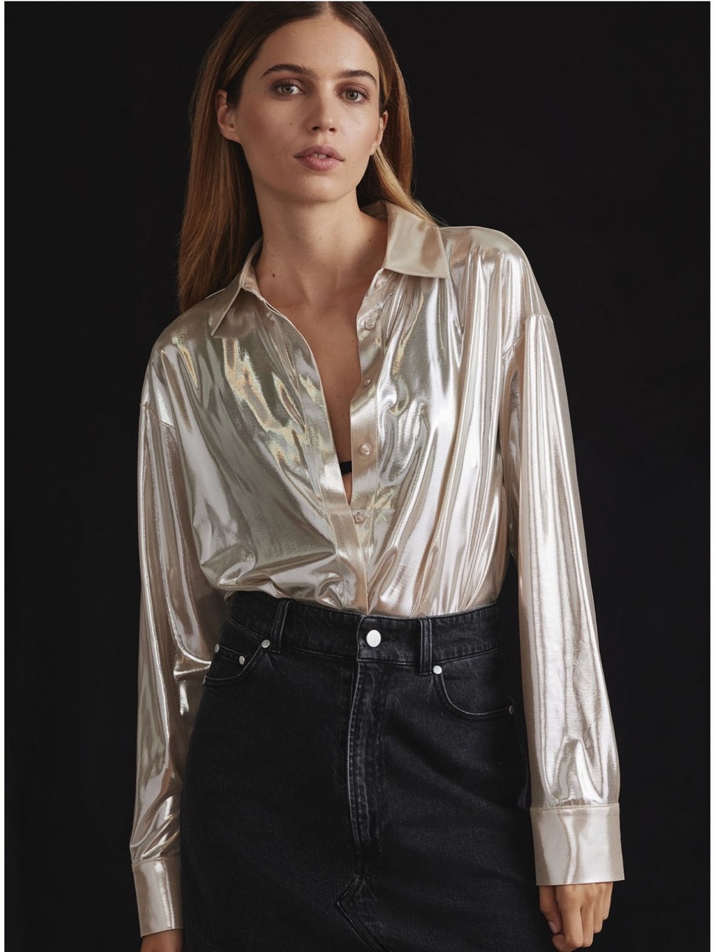 Anthropologie Metallic Silver Button-Down Shirt